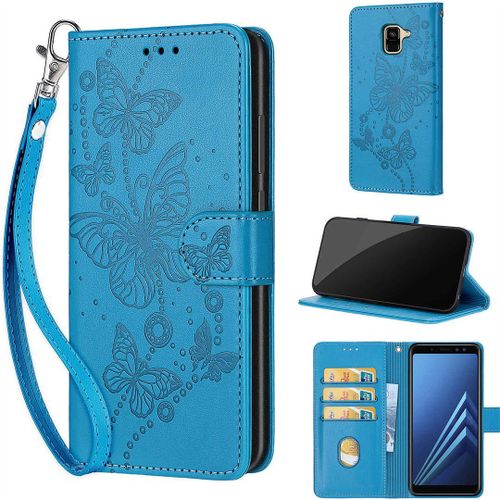 Saturcase Coque Pour Samsung Galaxy A8 2018, Papillons Pu Cuir Magnétique Flip Portefeuille Support Porte-Carte Dragonne Protecteur Housse Étui Pour Samsung Galaxy A8 2018 (Lb-Bleu)