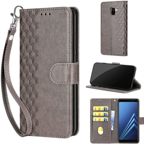 Saturcase Coque Pour Samsung Galaxy A8 2018, Z-Cube Pu Cuir Magnétique Flip Portefeuille Support Porte-Carte Dragonne Protecteur Housse Étui Pour Samsung Galaxy A8 2018 (Zl-Gris)