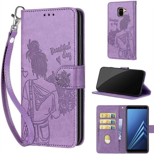 Saturcase Coque Pour Samsung Galaxy A8 2018, Fille Pu Cuir Magnétique Flip Portefeuille Support Porte-Carte Dragonne Protecteur Housse Étui Pour Samsung Galaxy A8 2018 (Nh-Violet)