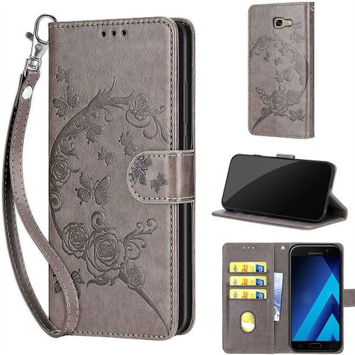 Saturcase Coque Pour Samsung Galaxy A5 2017, Fleurs Pu Cuir Magnétique Flip Portefeuille Support Porte-Carte Dragonne Protecteur Housse Étui Pour Samsung Galaxy A5 2017 (Fb-Gris)