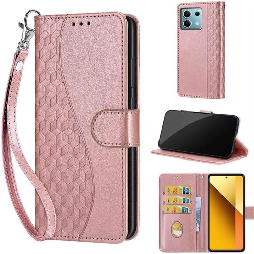 Saturcase Coque Pour Xiaomi Redmi Note 13 5g, S-Cube Pu Cuir Magnétique Flip Portefeuille Support Porte-Carte Dragonne Protecteur Housse Étui Pour Xiaomi Redmi Note 13 5g (Bl-Or Rose)