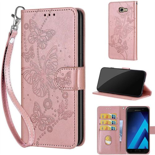 Saturcase Coque Pour Samsung Galaxy A5 2017, Papillons Pu Cuir Magnétique Flip Portefeuille Support Porte-Carte Dragonne Protecteur Housse Étui Pour Samsung Galaxy A5 2017 (Lb-Or Rose)