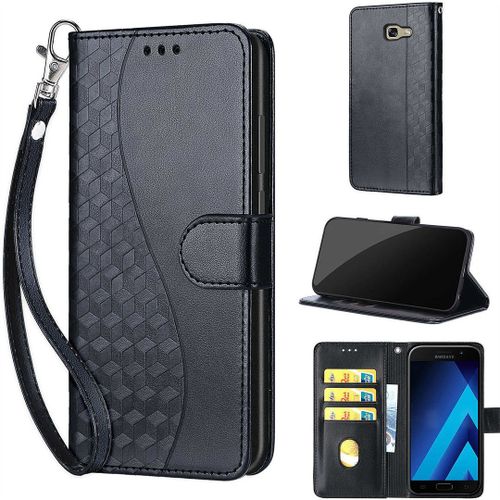Saturcase Coque Pour Samsung Galaxy A5 2017, S-Cube Pu Cuir Magnétique Flip Portefeuille Support Porte-Carte Dragonne Protecteur Housse Étui Pour Samsung Galaxy A5 2017 (Bl-Noir)