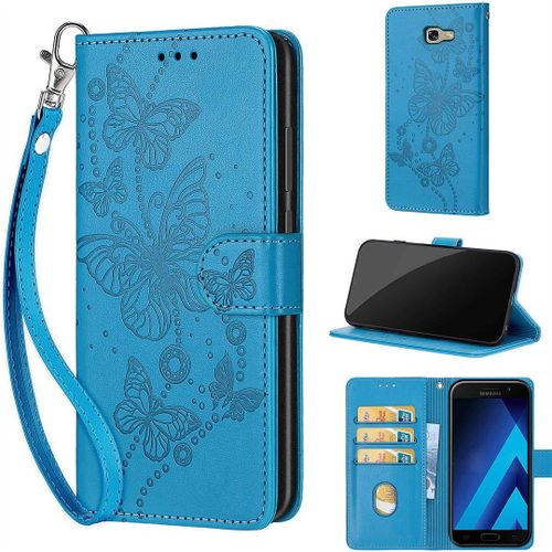 Saturcase Coque Pour Samsung Galaxy A5 2017, Papillons Pu Cuir Magnétique Flip Portefeuille Support Porte-Carte Dragonne Protecteur Housse Étui Pour Samsung Galaxy A5 2017 (Lb-Bleu)