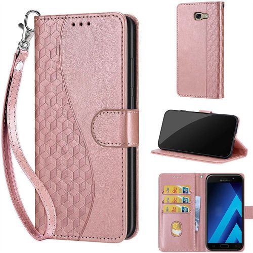Saturcase Coque Pour Samsung Galaxy A5 2017, S-Cube Pu Cuir Magnétique Flip Portefeuille Support Porte-Carte Dragonne Protecteur Housse Étui Pour Samsung Galaxy A5 2017 (Bl-Or Rose)