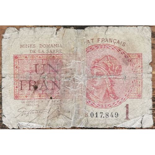 Billet De 1 Franc Mines Domaniales De La Sarre État Français B 017849 Cf Photos