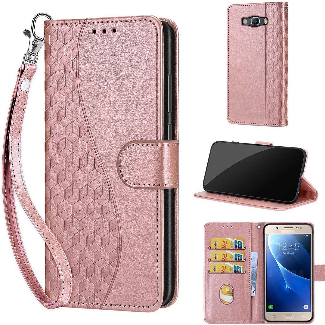 Saturcase Coque Pour Samsung Galaxy J5 2016, S-Cube Pu Cuir Magnétique Flip Portefeuille Support Porte-Carte Dragonne Protecteur Housse Étui Pour Samsung Galaxy J5 2016 (Bl-Or Rose)