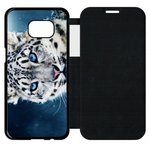 Etui Flip Flap Galaxy S7 Edge - Tigre Blanc Yeux Bleus - Simili-Cuir - Noir