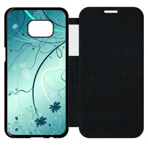 Etui Flip Flap Galaxy S7 Edge - Abstrait Turquoise Fleur - Simili-Cuir - Noir