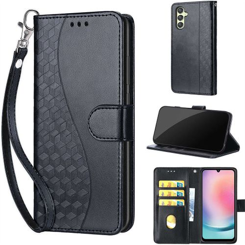 Saturcase Coque Pour Samsung Galaxy A24 4g, S-Cube Pu Cuir Magnétique Flip Portefeuille Support Porte-Carte Dragonne Protecteur Housse Étui Pour Samsung Galaxy A24 4g (Bl-Noir)