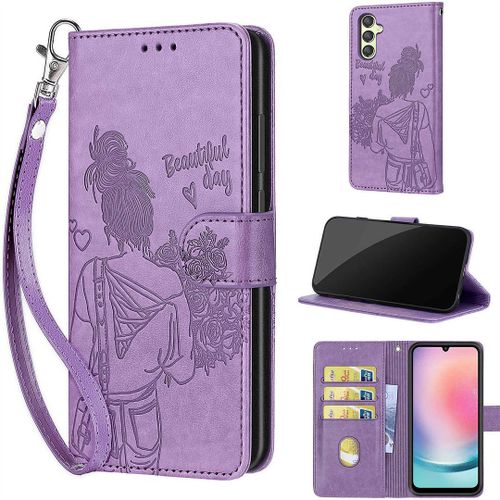 Saturcase Coque Pour Samsung Galaxy A24 4g, Fille Pu Cuir Magnétique Flip Portefeuille Support Porte-Carte Dragonne Protecteur Housse Étui Pour Samsung Galaxy A24 4g (Nh-Violet)