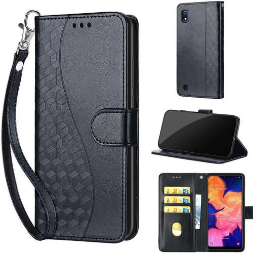 Saturcase Coque Pour Samsung Galaxy A10, S-Cube Pu Cuir Magnétique Flip Portefeuille Support Porte-Carte Dragonne Protecteur Housse Étui Pour Samsung Galaxy A10 (Bl-Noir)