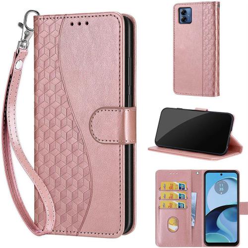 Saturcase Coque Pour Motorola Moto G14, S-Cube Pu Cuir Magnétique Flip Portefeuille Support Porte-Carte Dragonne Protecteur Housse Étui Pour Motorola Moto G14 (Bl-Or Rose)