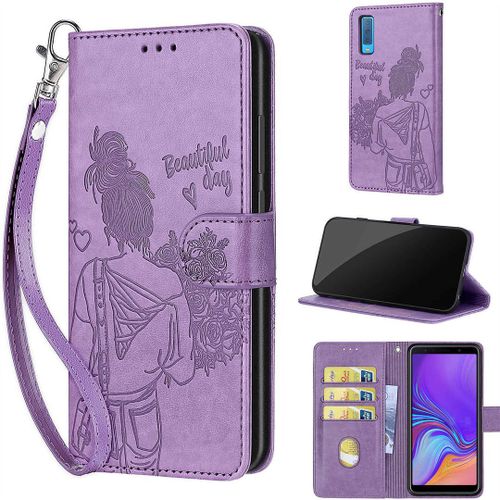 Saturcase Coque Pour Samsung Galaxy A7 2018, Fille Pu Cuir Magnétique Flip Portefeuille Support Porte-Carte Dragonne Protecteur Housse Étui Pour Samsung Galaxy A7 2018 (Nh-Violet)