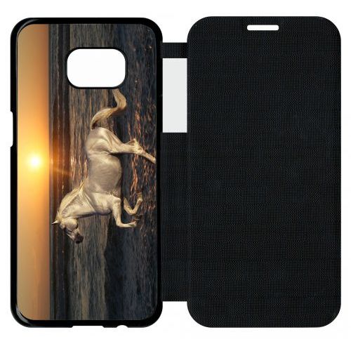 Etui Flip Flap Galaxy S7 Edge - Cheval Blanc Couché De Soleil Sur La Plage - Simili-Cuir - Noir