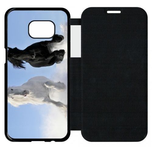 Etui Flip Flap Galaxy S7 Edge - Chevaux Blanc Et Noir Dans La Neige - Simili-Cuir - Noir