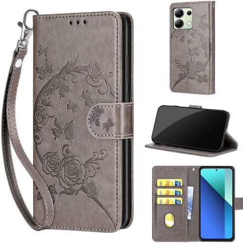 Saturcase Coque Pour Xiaomi Redmi Note 13 4g, Fleurs Pu Cuir Magnétique Flip Portefeuille Support Porte-Carte Dragonne Protecteur Housse Étui Pour Xiaomi Redmi Note 13 4g (Fb-Gris)