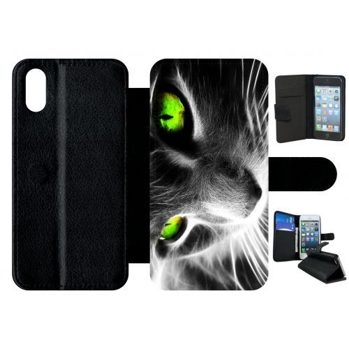 Etui À Rabat Iphone Xs - Chat Noir Et Blanc Yeux Vert - Simili-Cuir - Noir