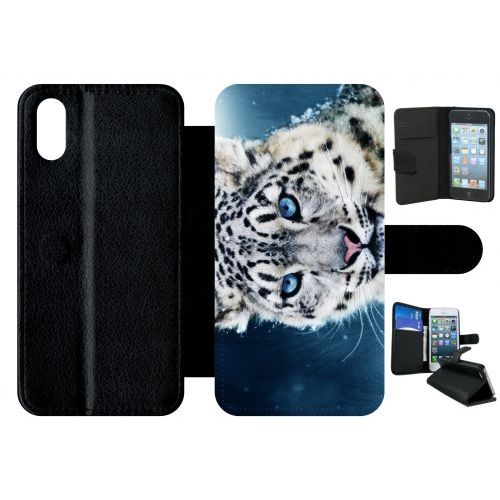 Etui À Rabat Iphone Xs - Tigre Blanc Yeux Bleus - Simili-Cuir - Noir