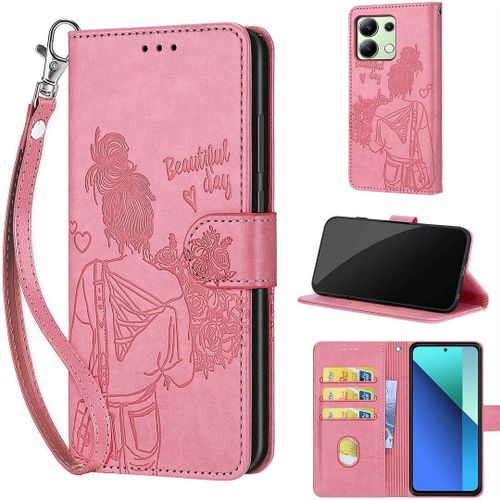 Saturcase Coque Pour Xiaomi Redmi Note 13 4g, Fille Pu Cuir Magnétique Flip Portefeuille Support Porte-Carte Dragonne Protecteur Housse Étui Pour Xiaomi Redmi Note 13 4g (Nh-Rose)