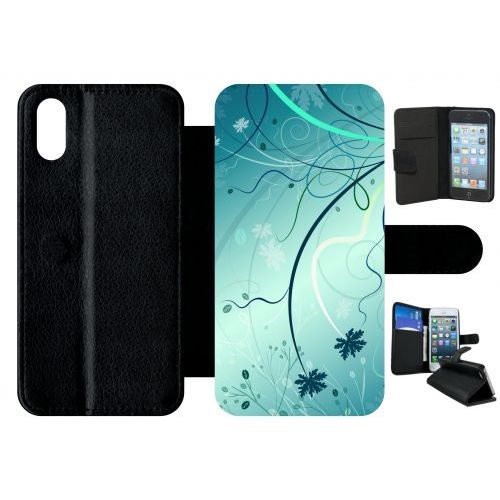 Etui À Rabat Iphone Xs - Abstrait Turquoise Fleur - Simili-Cuir - Noir