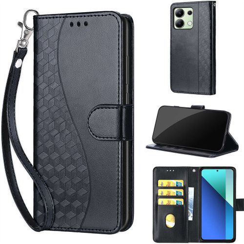 Saturcase Coque Pour Xiaomi Redmi Note 13 4g, S-Cube Pu Cuir Magnétique Flip Portefeuille Support Porte-Carte Dragonne Protecteur Housse Étui Pour Xiaomi Redmi Note 13 4g (Bl-Noir)