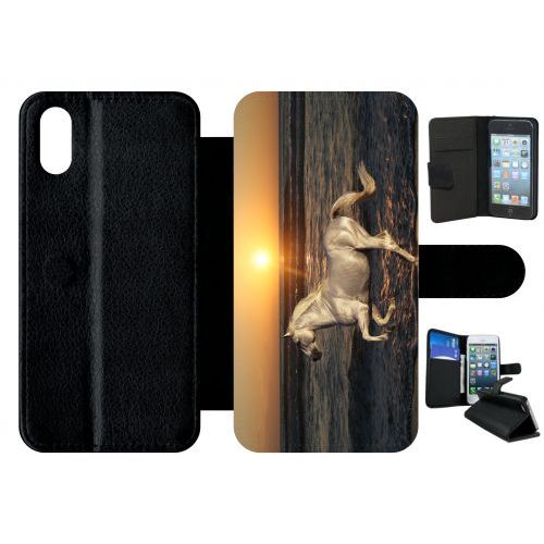 Etui À Rabat Iphone Xs - Cheval Blanc Couché De Soleil Sur La Plage - Simili-Cuir - Noir