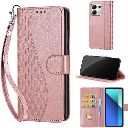Saturcase Coque Pour Xiaomi Redmi Note 13 4g, S-Cube Pu Cuir Magnétique Flip Portefeuille Support Porte-Carte Dragonne Protecteur Housse Étui Pour Xiaomi Redmi Note 13 4g (Bl-Or Rose)