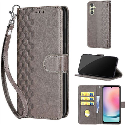 Saturcase Coque Pour Samsung Galaxy A24 4g, Z-Cube Pu Cuir Magnétique Flip Portefeuille Support Porte-Carte Dragonne Protecteur Housse Étui Pour Samsung Galaxy A24 4g (Zl-Gris)