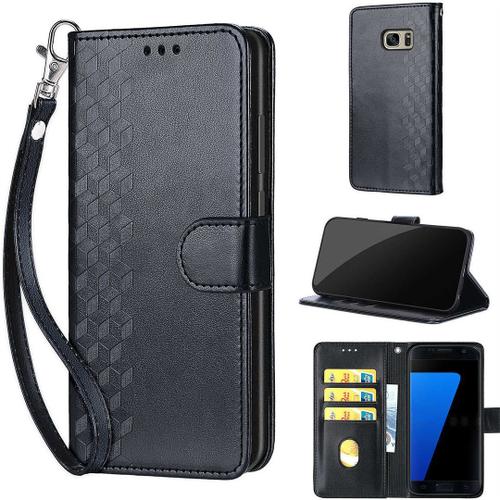 Saturcase Coque Pour Samsung Galaxy S7, Z-Cube Pu Cuir Magnétique Flip Portefeuille Support Porte-Carte Dragonne Protecteur Housse Étui Pour Samsung Galaxy S7 (Zl-Noir)