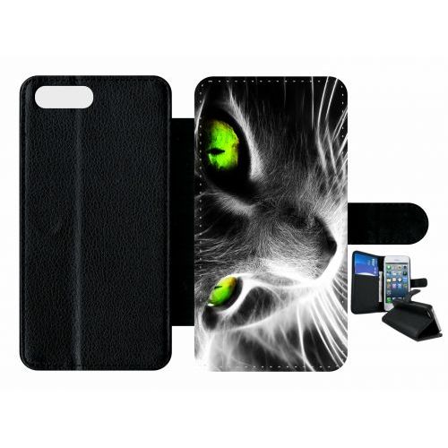 Etui À Rabat Iphone 7+ - Chat Noir Et Blanc Yeux Vert - Simili-Cuir - Noir