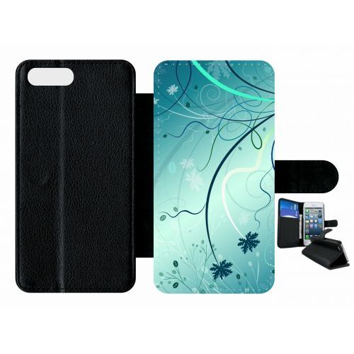 Etui À Rabat Iphone 7+ - Abstrait Turquoise Fleur - Simili-Cuir - Noir