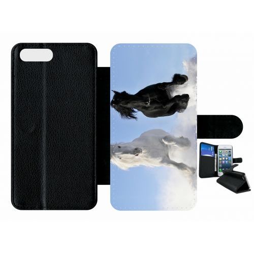 Etui À Rabat Iphone 7+ - Chevaux Blanc Et Noir Dans La Neige - Simili-Cuir - Noir