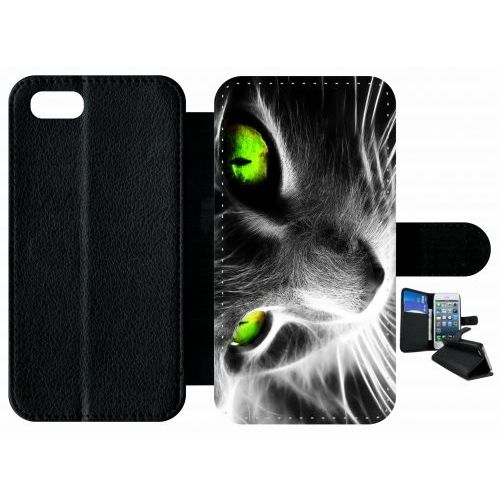 Etui À Rabat Iphone Se 2022 - Chat Noir Et Blanc Yeux Vert - Simili-Cuir - Noir