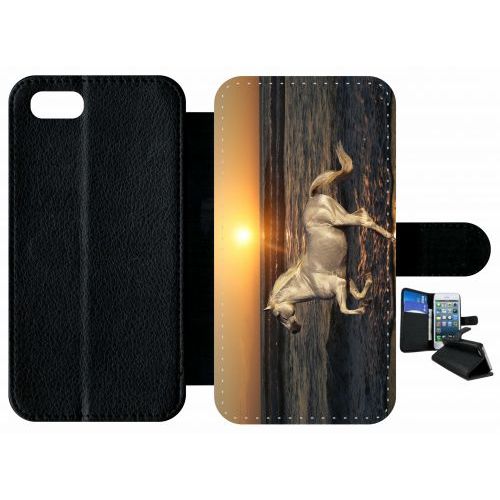 Etui À Rabat Iphone Se 2022 - Cheval Blanc Couché De Soleil Sur La Plage - Simili-Cuir - Noir