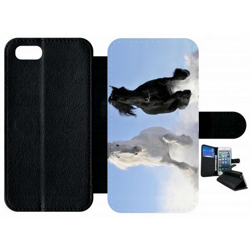 Etui À Rabat Iphone Se 2022 - Chevaux Blanc Et Noir Dans La Neige - Simili-Cuir - Noir