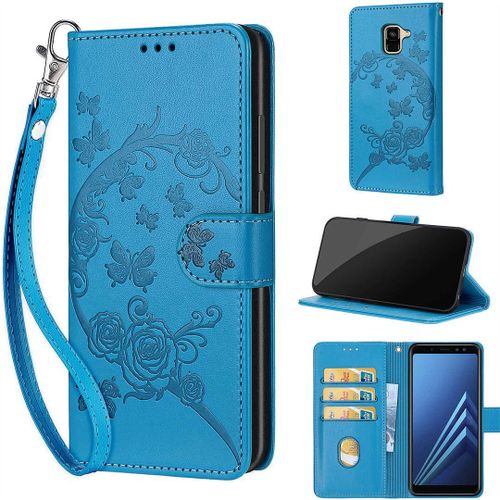 Saturcase Coque Pour Samsung Galaxy A8 2018, Fleurs Pu Cuir Magnétique Flip Portefeuille Support Porte-Carte Dragonne Protecteur Housse Étui Pour Samsung Galaxy A8 2018 (Fb-Bleu)