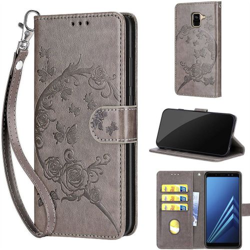 Saturcase Coque Pour Samsung Galaxy A8 2018, Fleurs Pu Cuir Magnétique Flip Portefeuille Support Porte-Carte Dragonne Protecteur Housse Étui Pour Samsung Galaxy A8 2018 (Fb-Gris)