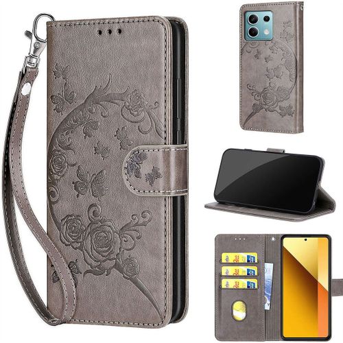 Saturcase Coque Pour Xiaomi Redmi Note 13 5g, Fleurs Pu Cuir Magnétique Flip Portefeuille Support Porte-Carte Dragonne Protecteur Housse Étui Pour Xiaomi Redmi Note 13 5g (Fb-Gris)