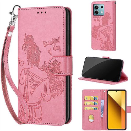 Saturcase Coque Pour Xiaomi Redmi Note 13 5g, Fille Pu Cuir Magnétique Flip Portefeuille Support Porte-Carte Dragonne Protecteur Housse Étui Pour Xiaomi Redmi Note 13 5g (Nh-Rose)