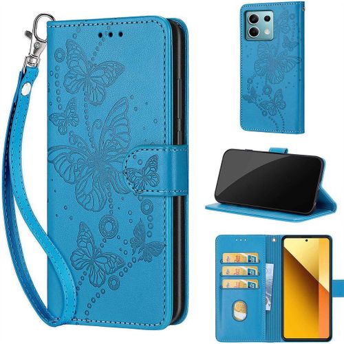 Saturcase Coque Pour Xiaomi Redmi Note 13 5g, Papillons Pu Cuir Magnétique Flip Portefeuille Support Porte-Carte Dragonne Protecteur Housse Étui Pour Xiaomi Redmi Note 13 5g (Lb-Bleu)