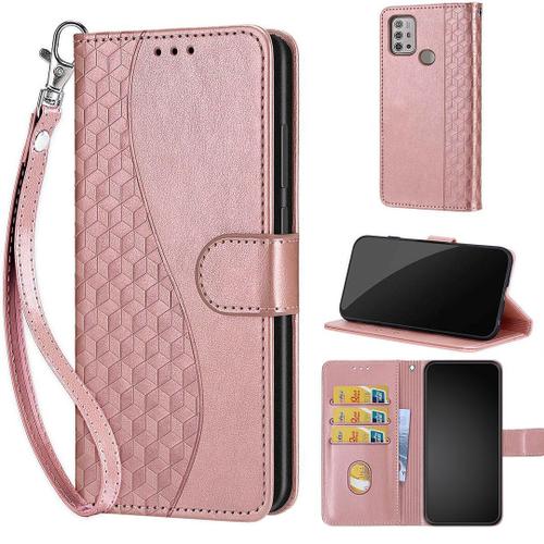 Saturcase Coque Pour Motorola Moto G10 G20 G30, S-Cube Pu Cuir Magnétique Flip Portefeuille Support Porte-Carte Dragonne Protecteur Housse Étui Pour Motorola Moto G10 G20 G30 (Bl-Or Rose)