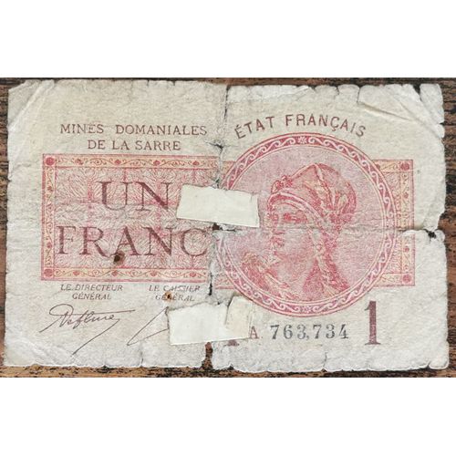 Billet De 1 Franc Mines Domaniales De La Sarre État Français A 763734 Cf Photos