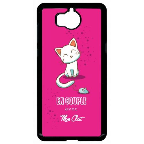 Coque Pour Smartphone - En Couple Avec Mon Chat Fond Rose - Compatible Avec Huawei Y5 (2017) - Plastique - Bord Noir