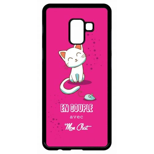 Coque Galaxy A8+ (2018) - En Couple Avec Mon Chat Fond Rose - Noir