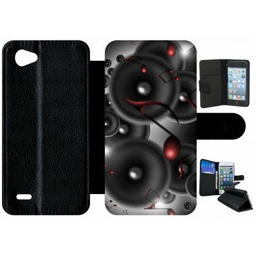 Etui A Rabat - Enceintes Note De Musique Rouge - Compatible Avec Lg Q6 - Plastique - Bord Noir