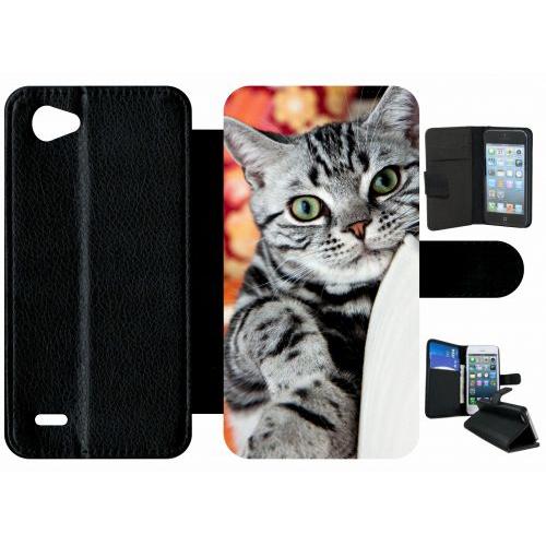 Etui A Rabat - Chat Tigré Gris Yeux Vert - Compatible Avec Lg Q6 - Plastique - Bord Noir