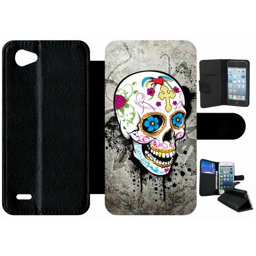 Etui A Rabat - Skull Fleur Bleu Fond Gris - Compatible Avec Lg Q6 - Plastique - Bord Noir