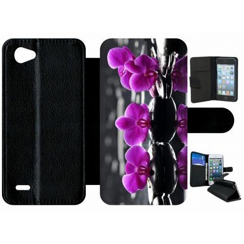 Etui A Rabat - Orchide Violette Fond Gris - Compatible Avec Lg Q6 - Plastique - Bord Noir