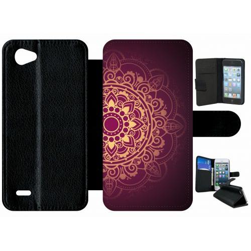 Etui A Rabat - Oriental Fond Mauve Et Or - Compatible Avec Lg Q6 - Plastique - Bord Noir